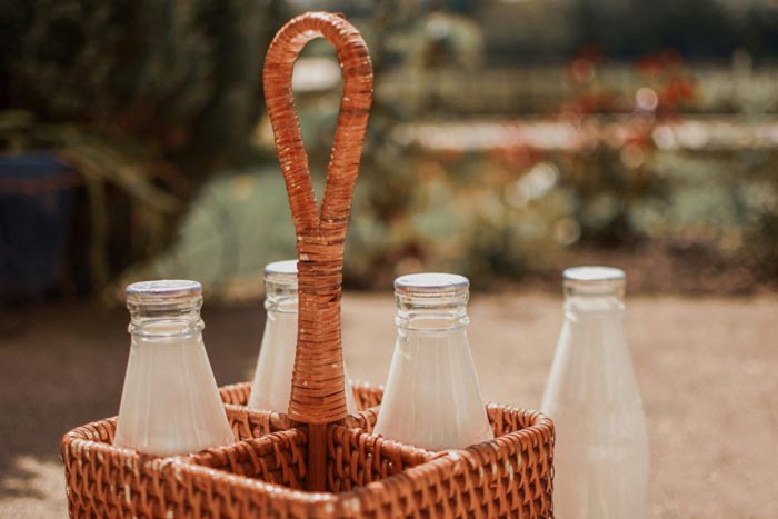 A woven basket with a handle and four glass bottles containing a white liquid, set against a blurred outdoor background. Fresh milk bottles in a rustic basket.