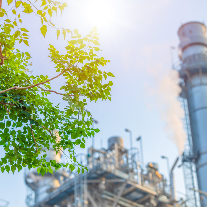 A vibrant green tree branch in the foreground with a blurred industrial refinery in the background, showcasing the contrast between nature and industry, reflecting sustainability and modern energy solutions.